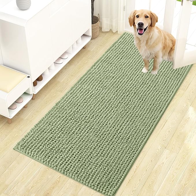 OLANLY Dog Door Mat for Muddy Paws 47x24, Ultra Absorbent Chenille Mud Doormat, Non-Slip Washable and Dirt Trapping Doormat for Indoor Entryway, Quick-Dry Indoor Pet Bed Mats for Dogs, Sage Green