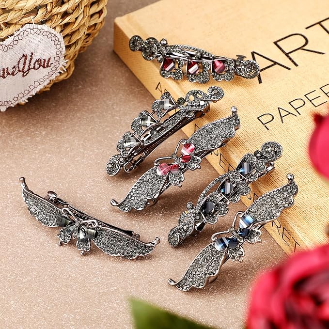 Geyoga 6 Pieces Vintage Hair Barrettes for Women Retro Flower French Pearl Crystal Rhinestones Clips Hair Pins for Women Styling Accessories(Dark Style)