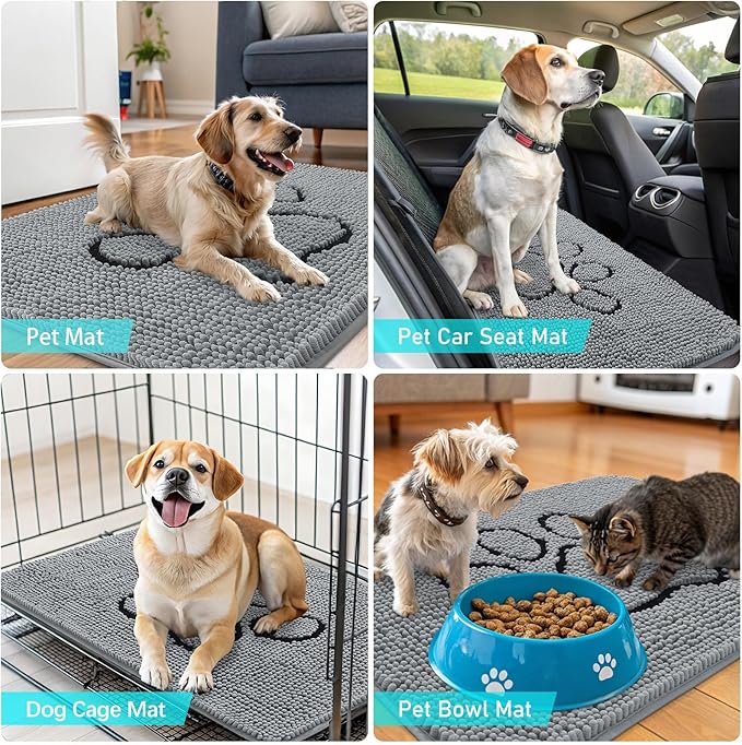 OLANLY Dog Door Mat for Muddy Paws 47x24, Paw Print Design, Absorbs Moisture and Dirt, Absorbent Non-Slip Washable Doormat, Quick Dry Chenille Mud Mat for Dogs, Entry Indoor Entryway Carpet, Grey