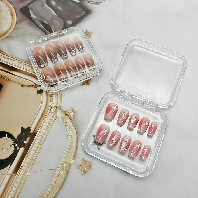 14 Pcs Press On Nail Packaging Box Press on Nail Storage Box for Press Ons with 60 Pcs Adhesive Double Sided Tape for Fake Nail Storage Case Nail Display Nail Salon Supplies Nail Art Business (Clear)