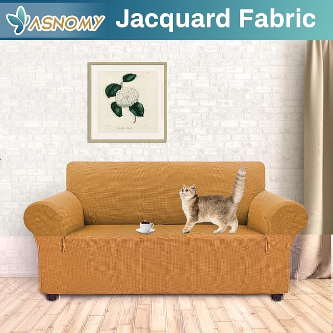 Asnomy Sofa Covers for 2 Cushion Couch Stretch loveseat Covers Slipcovers, Pet Protector Furniture Covers for Dogs Cats Spandex Jacquard Fabric Small Checks （Medium， Golden）