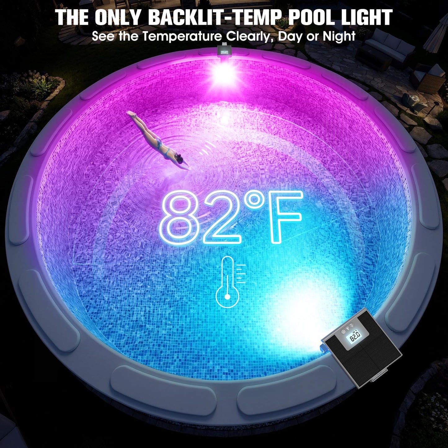 LightHacker Solar Pool Light for Steel Wall Above Ground Pool Light,Submersible Pool Light with LCD Pool Thermometer,Underwater light for Pool Accessories,10 Light Modes Swimming Pool LED Lighting,1PC