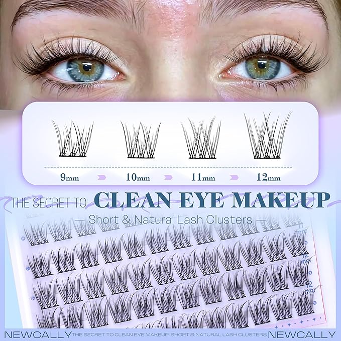 Natural Short Lash Clusters 9-12MM Cluster Eyelash Extensions C-curly Wispy Eyelash Clusters Individual Lashes DIY Lash Extension at Home for Beginners by Newcally