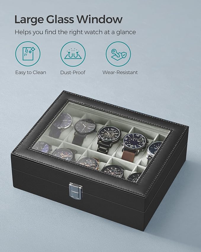 SONGMICS Watch Box, 10-Slot Watch Case Organizer with Large Glass Lid, Removable Pillows, Gift for Loved Ones, Black Synthetic Leather, Gray Lining UJWB010BK
