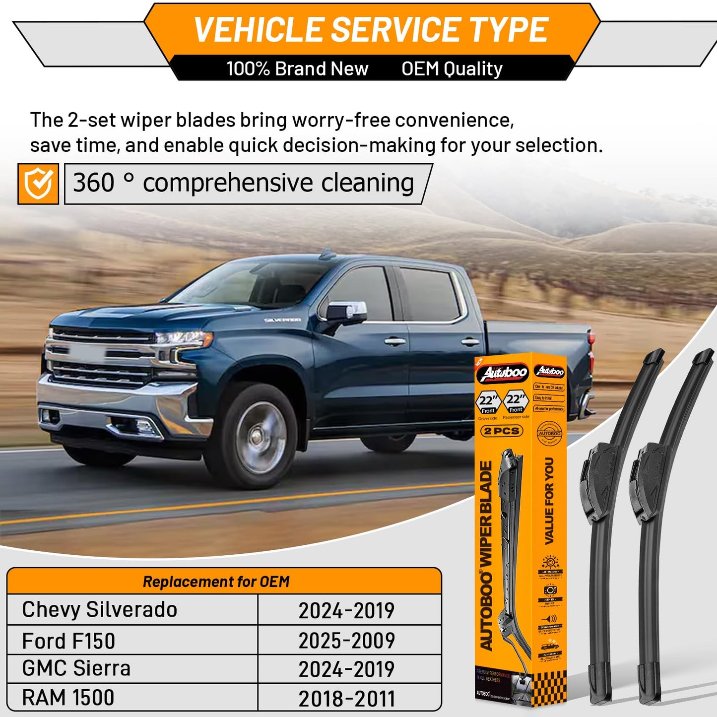 AUTOBOO 22 + 22 Windshield Wipers Replacement for F150 2025 2024 2023-2009,Silverado 1500 2024-2019,Sierra 1500 2024-2019,RAM 1500 2018-2011 Original Factory Quality J/U Hook