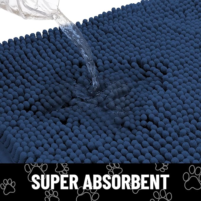 Smiry Dog Door Mat for Muddy Paws, Absorbent Dirt Trapper Non Slip Quick Dry Washable Chenille Mat for Mud Dogs, Entry Rug for Indoor and Outdoor (48x30 Inches, Dark Blue and Black)
