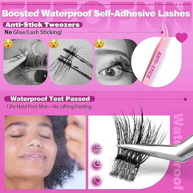 Pre Glued Eyelashes Clusters Wispy Self Adhesive Lash Clusters Press on Lashes Fluffy Self Adhesive Eyelashes Volume Glueless Lashes Clusters Thick Cluster Eyelash Extensions 10-16mm
