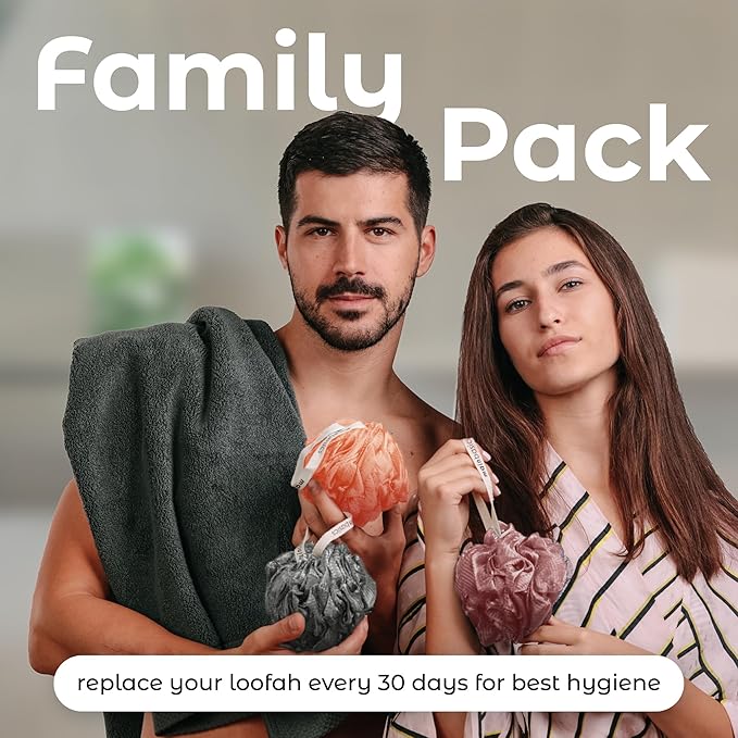 MainBasics Bath Shower Loofah Sponge Pouf Body Scrubber Exfoliator Body Wash Sponge (Set of 3, Coral Reef)