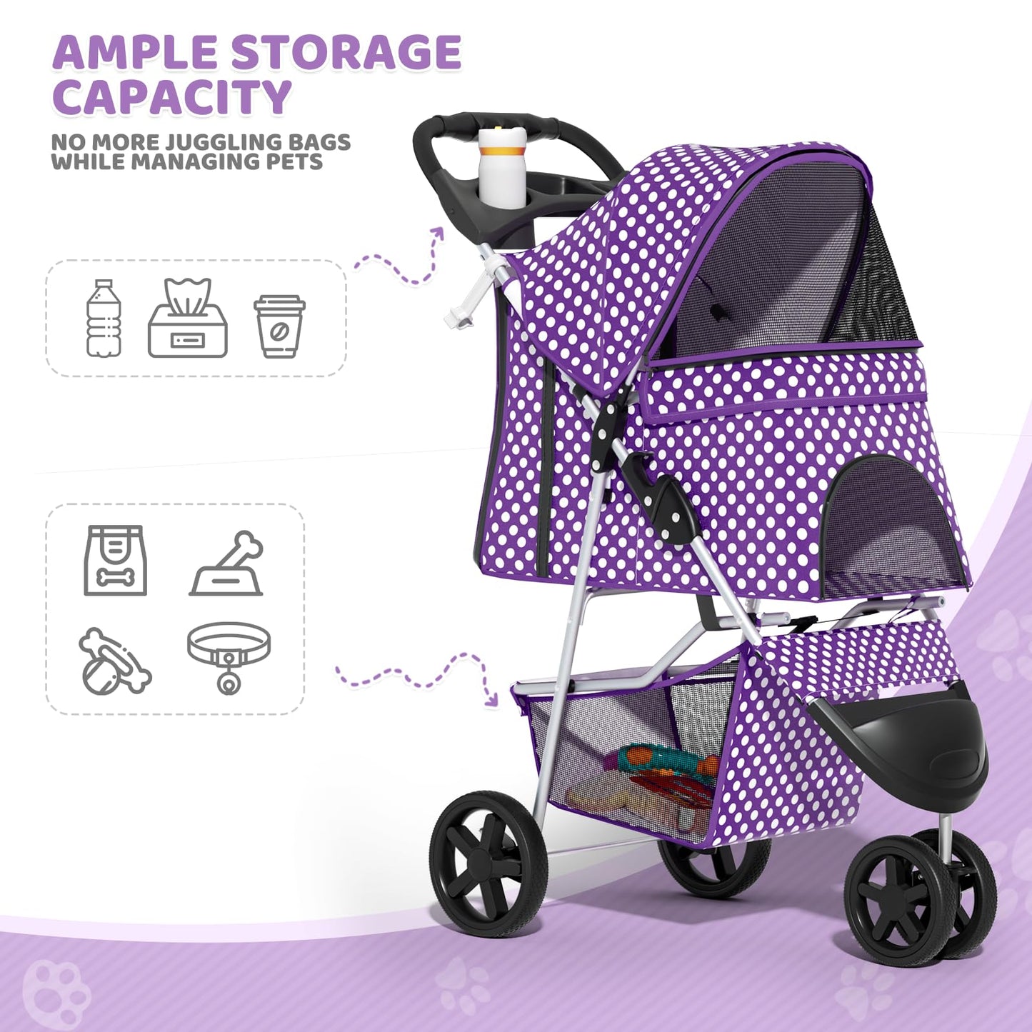 Magshion 3-Wheel Pet Stroller, Foldable Travel Jogger for Small & Medium Dogs & Cats (Up to 33lbs), Lightweight Carrier with Breathable Mesh Cover, Cup Holder & Storage Basket, Purple Polka Dots