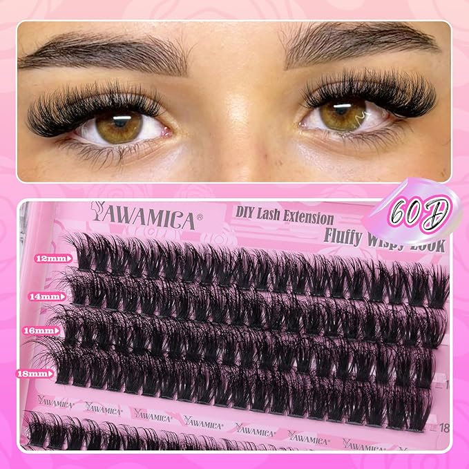Yawamica Fluffier Eyelash Clusters Wispy Lash Extension 60D+80D+90D Thick Volume Individual Lashes D Curly 12-18mm Cluster Eyelash Extensions 240pcs DIY Lash by Self