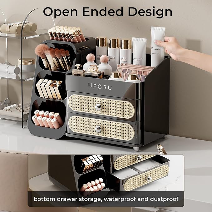 Makeup Organizer for Vanity with Brush Holder, Countertop Skincare Organizer with 2 Drawers, Spacious Cosmetic Display Case for Perfumes, Eyeshadow Palettes, Nail Polishes, Black