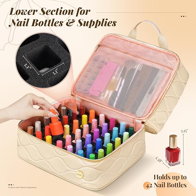 YOREPEK Nail Polish Organizer Case Holds 42+ Bottles (15ml/0.5 fl.oz), 2-Layer Nail Kit Bag with Compartments for Nail Supplies, UV Lamp, Nail Tech Organizers and Storage for Manicure Tools, Beige