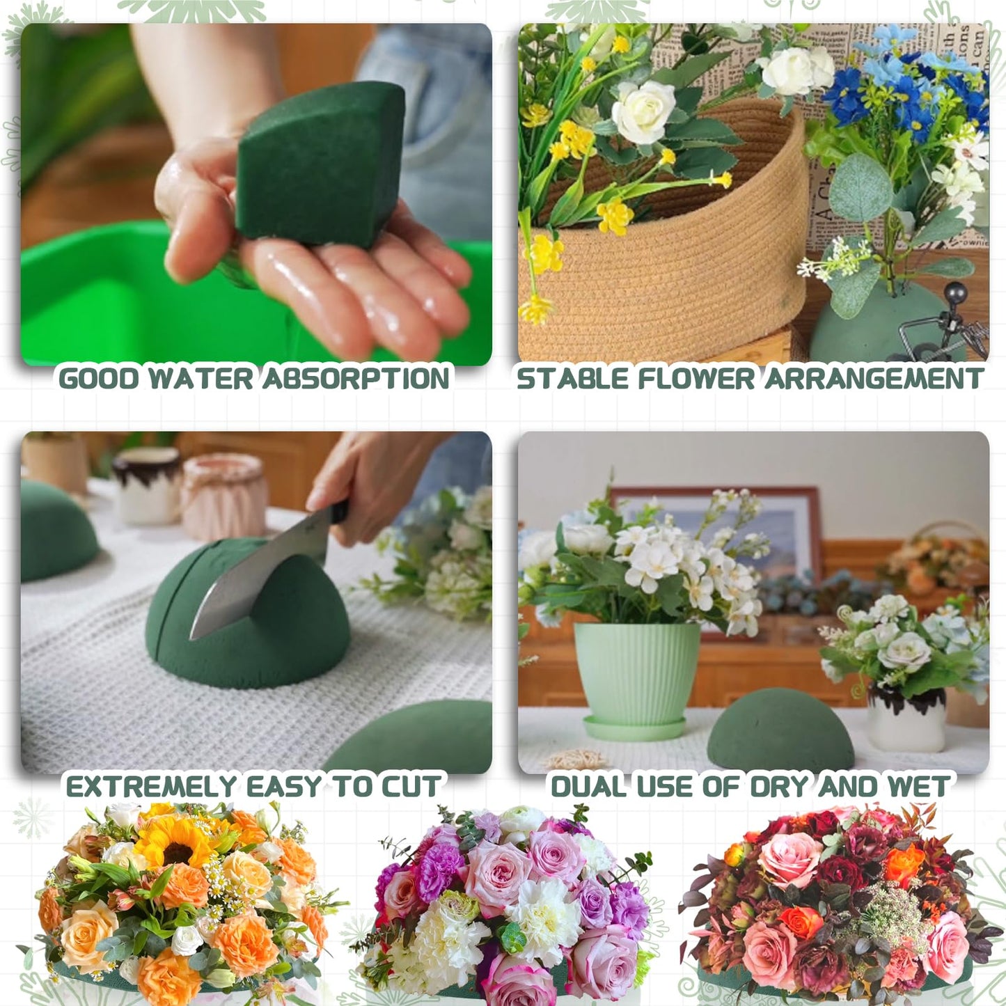 2 Pcs Floral Foam Half Balls, 7.5"W x 3.7"H Half Round Green Dry & Wet Flower Foam for Fresh or Artificial Flower Arrangements, Florist Foam for Craft Supplies,Wedding, Birthdays, Home Decor