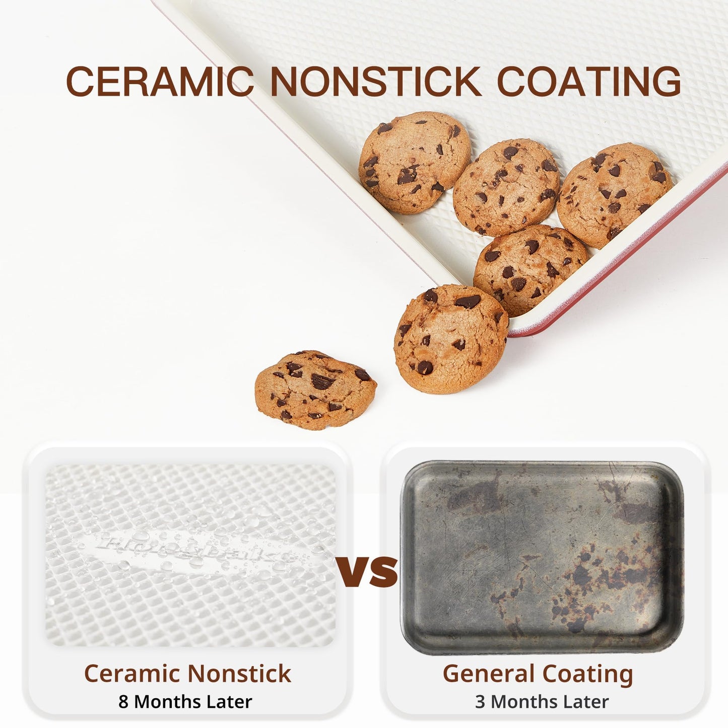 HONGBAKE 3 Pack Nonstick Ceramic Baking Sheet Pan Set for Oven, Non-Toxic Half/Quarter/Jelly Roll Pans with Diamond Texture, 0.8mm Aluminized Steel Cookie Trays for Cooking, Christmas Red & Cream