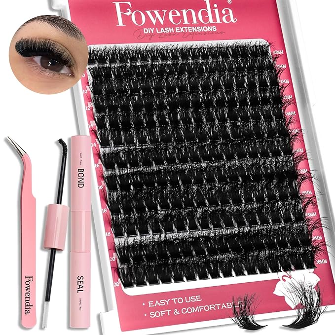 Fowendia Lash Clusters Kit Fluffy 100D Individual Lashes D Curl Cluster Eyelash Extensions 10-18mm DIY Lash Extension Kit Lash Bond and Seal Waterproof, Lash Applicator, Thick False Eyelashes Kit