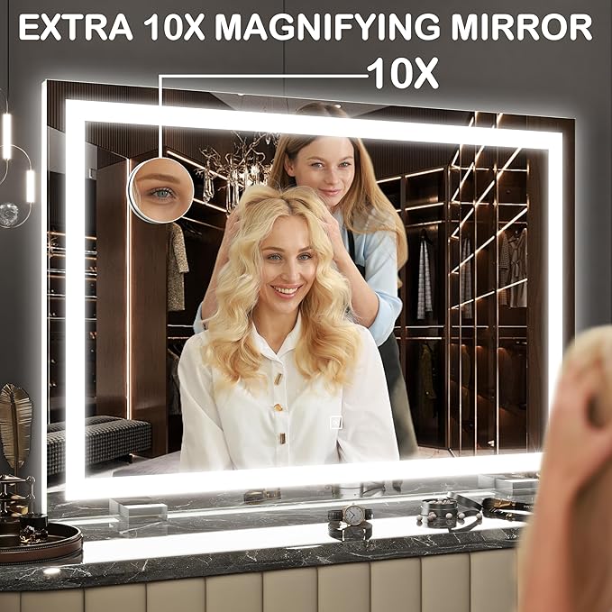 FENNIO Makeup Mirror with Lights 32"x22" ，LED Makeup Mirror ，Large Vanity Mirror with Lights，Touch Sensor with Dimmable 3 Modes, Square White