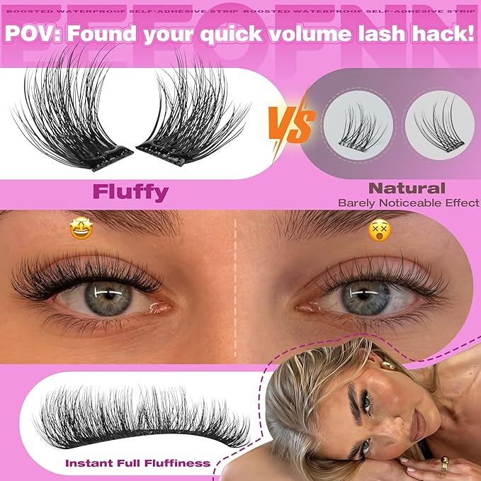 Self Adhesive Eyelashes Fluffy Self Adhesive Lash Clusters Pre Glue Eyelash Clusters Wispy Cluster Eyelash Extensions 10-16mm No Glue Needed Individual Lashes DIY Lash Extension Kit with Tweezers