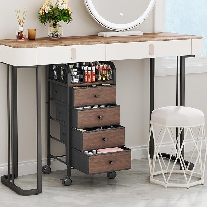SWTYMIKI Rolling Makeup Organizer Cart - Under Desk Vanity Makeup Storage with 4 Non-woven Drawers, Nail Cart Organizer Cosmetic Display Cases Cabinet for Skin Care Perfume Nail Polish Brush Hair Tool