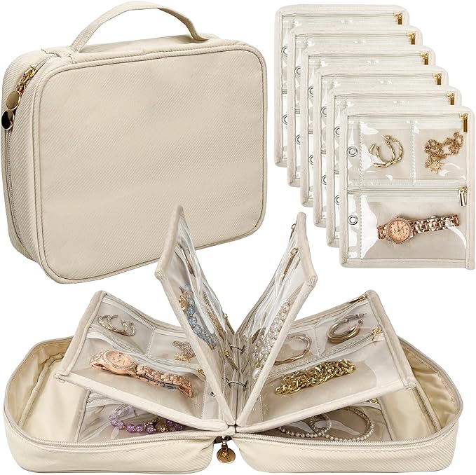 Travel Jewelry Organizer Case,Jewelry Bags Jewelry Storage Book Binder with Clear Zipper Velvet Pouch for Traveling,Earrings, Rings, Necklace, Bracelet (White)