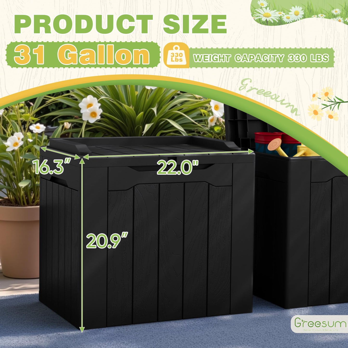 Greesum 31 Gallon Deck Box for Outside, All Weather Outdoor Storage Boxes for Patio Furniture Set, Package Delivery Box, Garden Tools, Black(Set of 2)