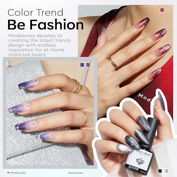 modelones Cat Eye Gel Nail Polish Set, 6 Colors Winter 9D Glassy Cat Eye Glitter Gel Polish Black Red Purple Blue Silver Brown Nail Polish with Magnet Soak Off LED DIY Salon Gift