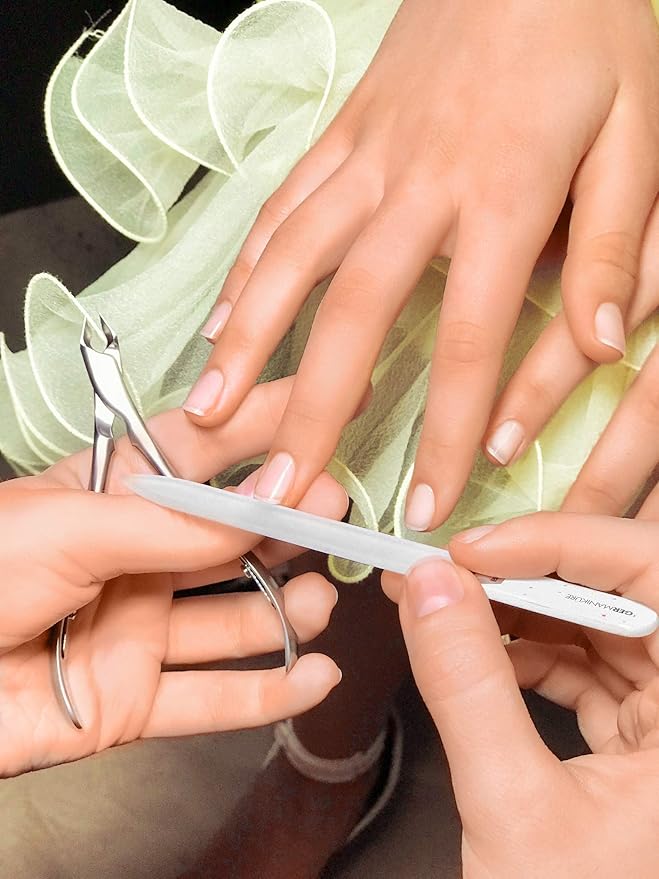 GERMANIKURE Gray Crystal Glass Nail File Set in Eggplant Purple Leather Case – Handmade in Czech Republic – Professional Manicure & Pedicure Supplies – Glass Cuticle Stick, Pusher, Moon File