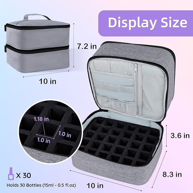 Nail Polish Organizer Holds 30 Bottles (15ml - 0.5 fl.oz) Double-layer Gel Nail Polish Kit Carrying Case, Nail Holder for Nail Lamp, Portable Nail Organizer and Storage for Nail Supplies (Gray)