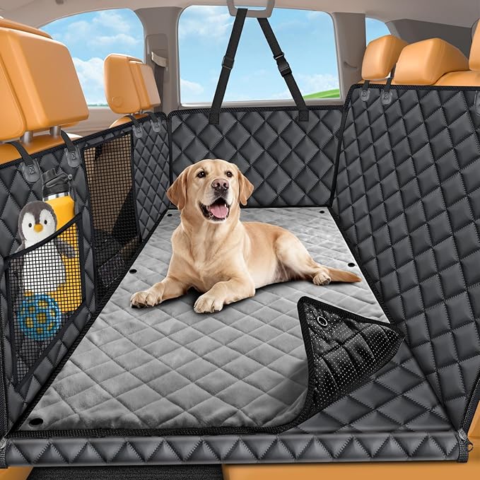URPOWER Dogs Back Seat Extender with Non-Slip Blanket, 2 in 1 Hard Bottom Dog Car Seat Cover & Removable Dog Car Bed Mat, Waterproof Dogs Hammock for Car and SUV, Pet Rear Seat Protector Holds 400lbs