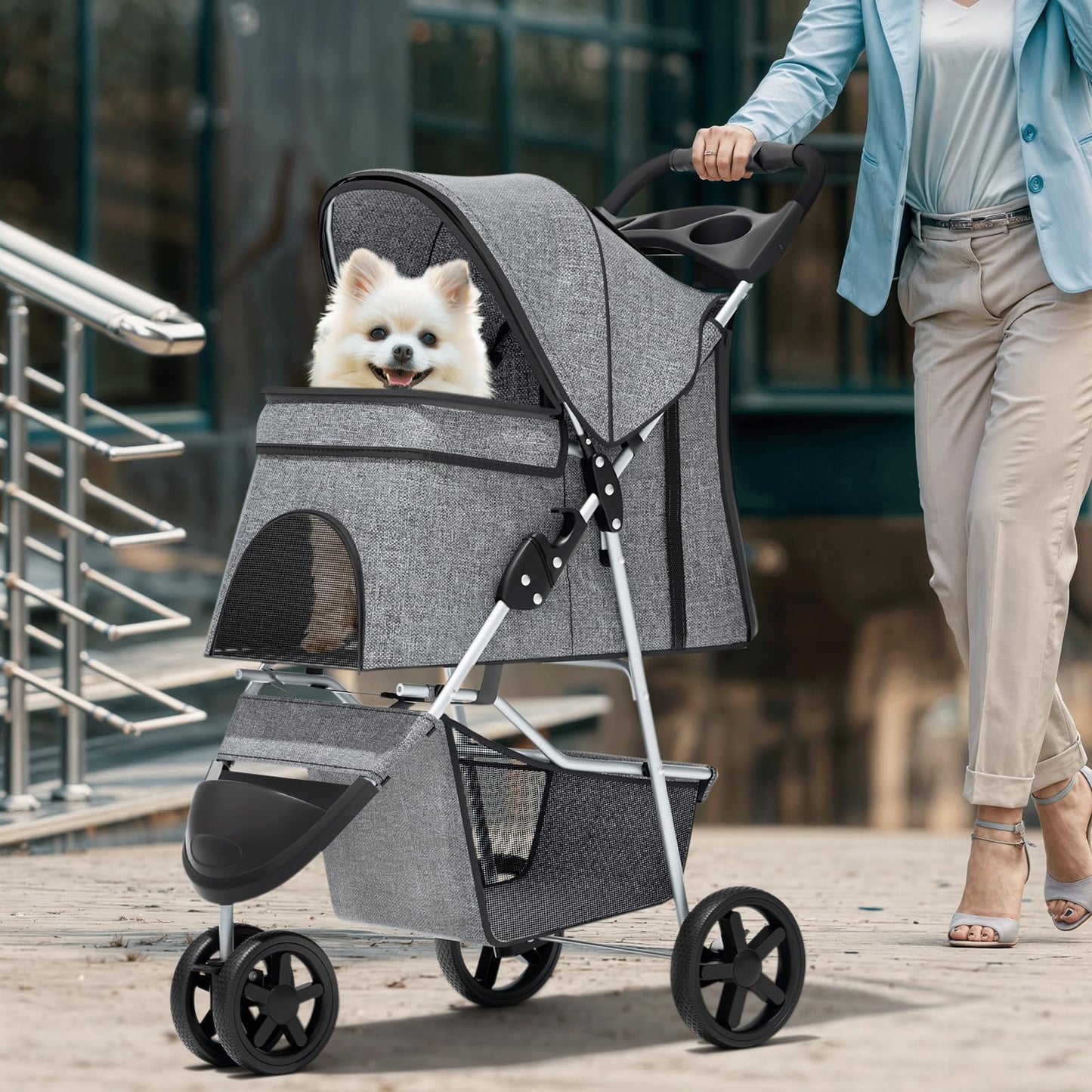 Magshion 3-Wheel Pet Stroller, Foldable Travel Jogger for Small & Medium Dogs & Cats (Up to 33lbs), Lightweight Carrier with Breathable Mesh Cover, Cup Holder & Storage Basket, Gray