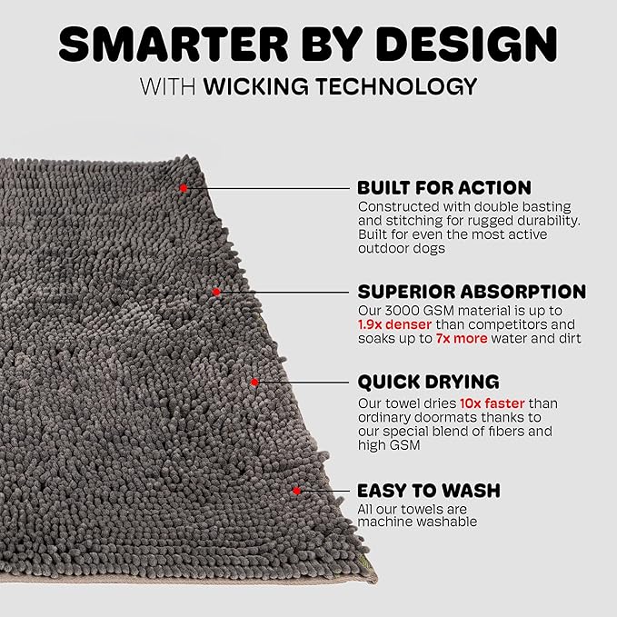 Dog Gone Smart Dirty Dog Doormat - Fast Drying Rug with Super Gripper Backing for Clean Floors - Super Absorbent and Machine Washable Mat for Muddy Paws - Silver Grey