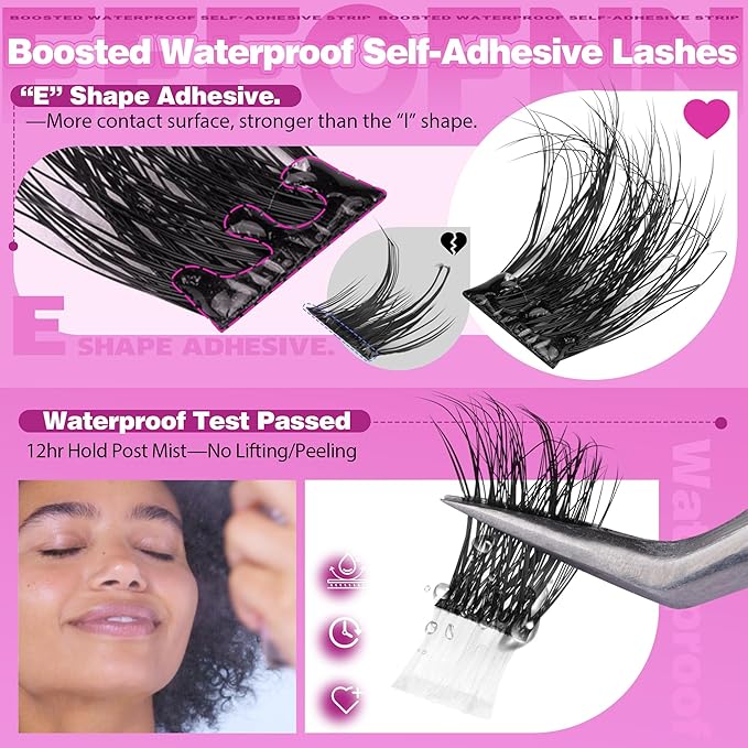 Self Adhesive Eyelashes Fluffy Self Adhesive Lash Clusters Pre Glue Eyelash Clusters Wispy Cluster Eyelash Extensions 10-16mm No Glue Needed Individual Lashes DIY Lash Extension Kit with Tweezers