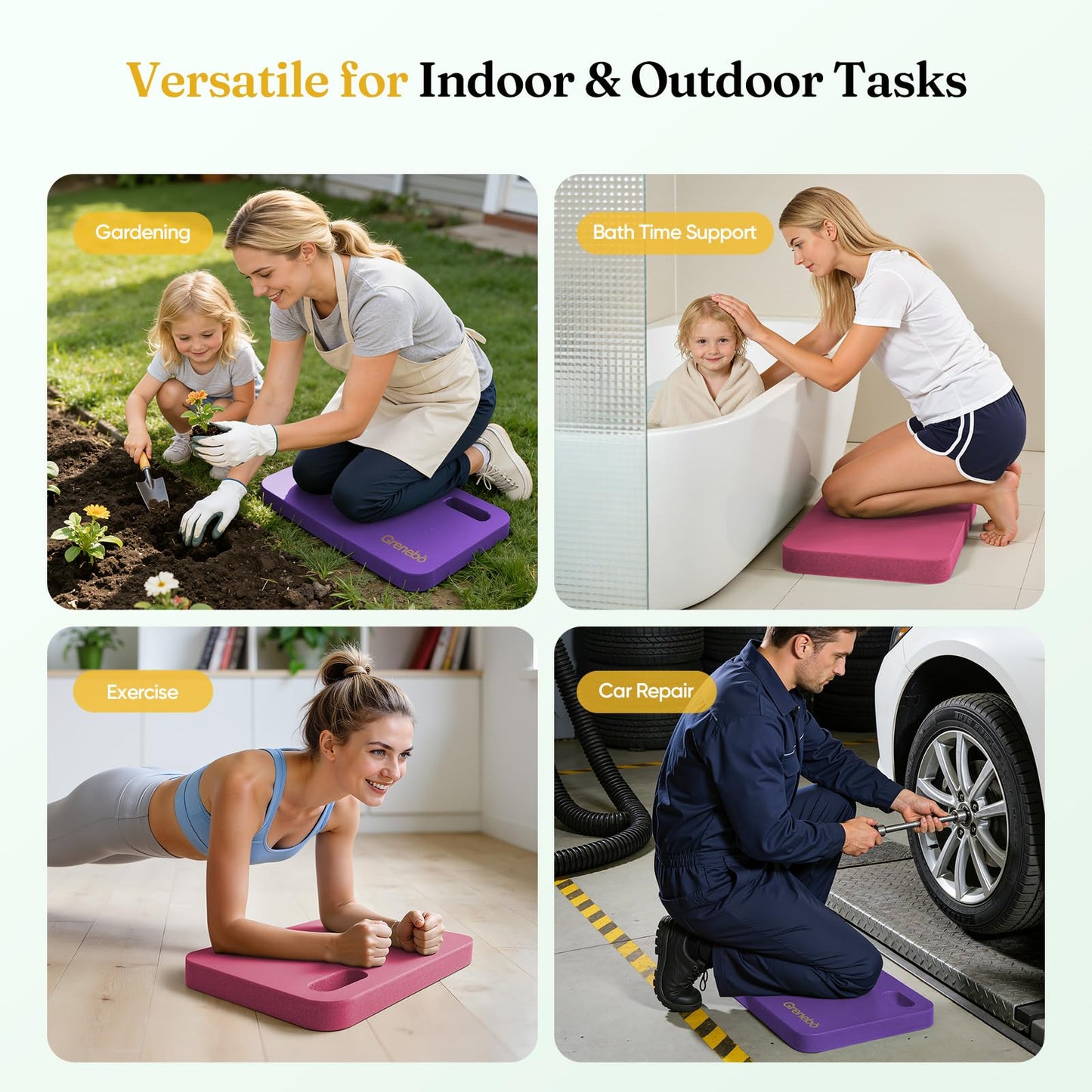 Grenebo High-Density NBR Foam Garden Kneeling Pad, 1.6" Extra Thick Gardening Pads for Kneeling, Ultra Soft Kneeling Pads for Gardening, Work, Exercise, Yoga, 17.3×11×1.6 in (2, Pink Purple)