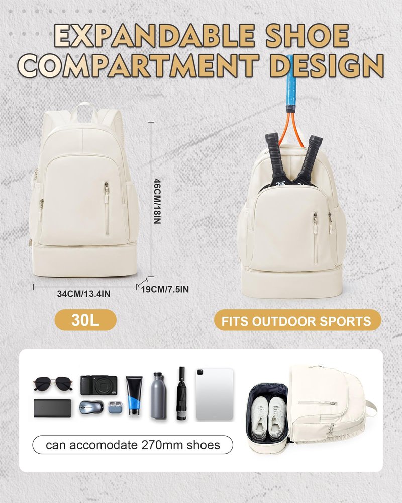 VENATIN Gym Backpack for Women Men, Lightweight Gym Bag with Shoe Compartment, Waterproof Sports Backpack with Wet Pocket for Yoga Fitness Sports, Beige