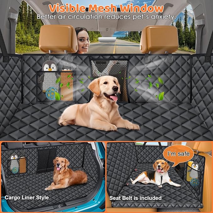 URPOWER Backseat Extender for Dogs - Hard Bottom Dog Car Seat Cover for Back Seat, Dog Hammock for Car and SUV, Pet Rear Seat Protector Dogs Travel Bed with Mesh Window & Side Flaps