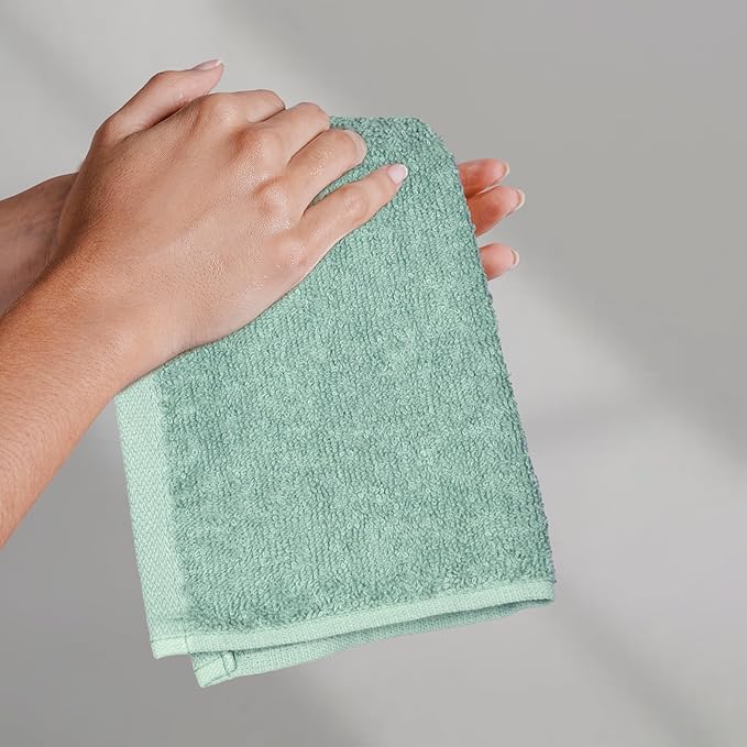 Amazon Basics Highly Absorbent, Fast Drying 100% Cotton Washcloths for Bathroom, Machine Washable, 12 x 12 inches, Seafoam Green, 24-Pack