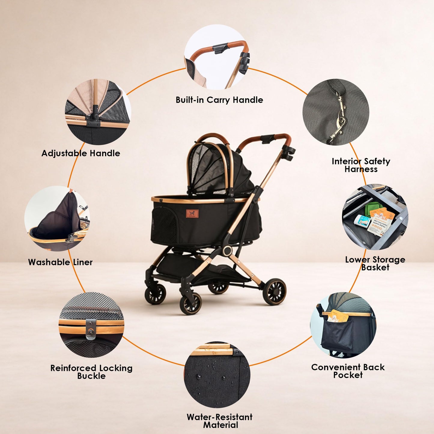 PAWPUBBY 6-in-1 Pet Stroller for Medium Dogs up to 50 lbs, Luxury Black & Gold Dog Stroller with Detachable Carrier, Foldable Travel Cat Stroller, Removable Pet Car Seat, 360° Rotating Wheels