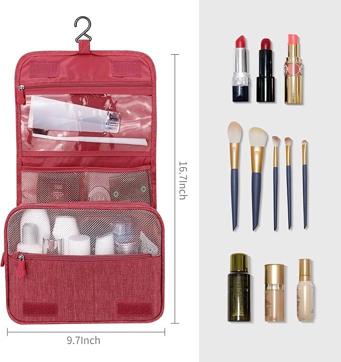 Large Capacity Toiletry Bag Travel Bag with Hanging Hook for Men and Women Waterproof Travel Cosmetic Bag Bathroom Storage Bag for Brushes Set, Full-Sized Shampoo, Toiletries, (Wine Red)