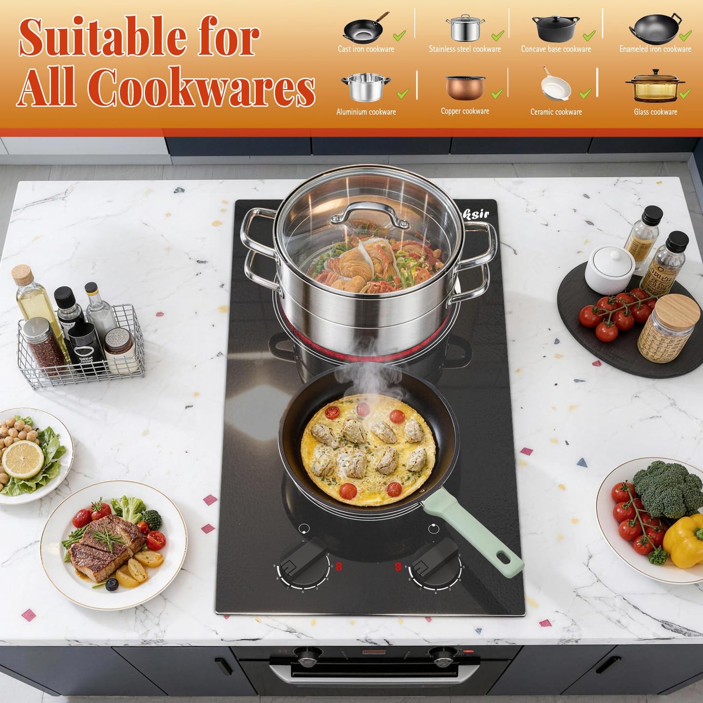 Cooksir 2 Burner Electric Cooktop - 110v Countertop and Built-in Electric Stove 2000W, 12 Inch Ceramic Stove with Residual Heat Indicator, Over-Temperature Protection, Knob Control, 110-120V Plug in