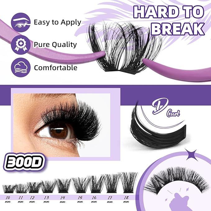 B&Qaugen Lash Clusters Kit Lash Clusters 300D Lash Extension Kit 10-18MIX Eyelash Extension Kit Ultra - Soft Volume Individual Lashes Kit D Curl Lashes Extension Kit(300D-10-18)