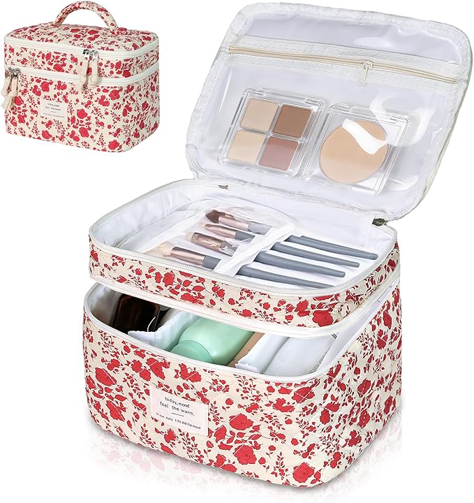 Makeup Bag, Portable Travel Make up Bag, Large Capacity Quilted Cosmetic Organizer Bag, Cute Floral Toiletry Bag for Women Girls (Bright Pink Rose)