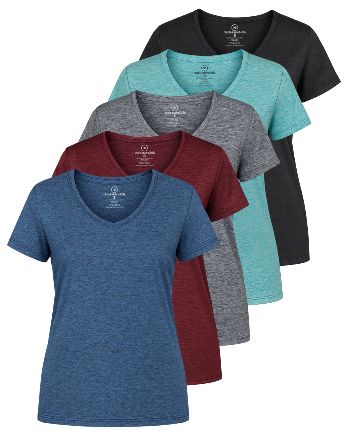 Real Essentials 5 Pack: Women's Dry-Fit Short Sleeve V Neck T Shirt Workout Fitness Yoga Top Tee, Set 8, XXL