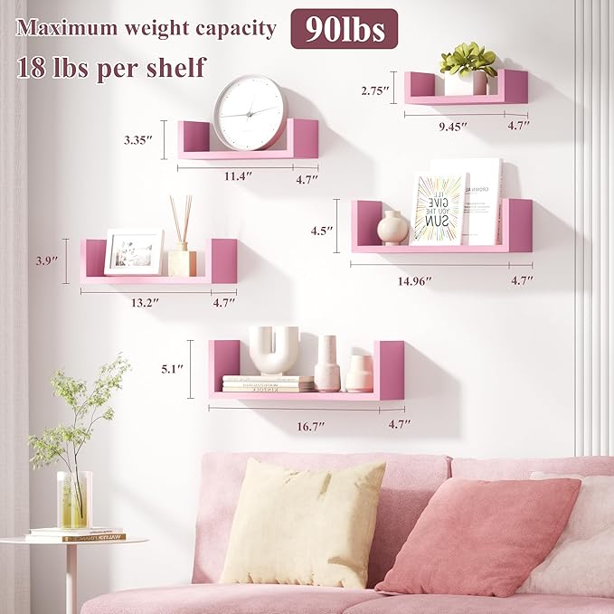 SRIWATANA Floating Shelves, Wall Shelves for Bathroom, Bedroom, Living Room, Kitchen, Office, Wood Shelves for Wall Decor Set of 5 (Pink)