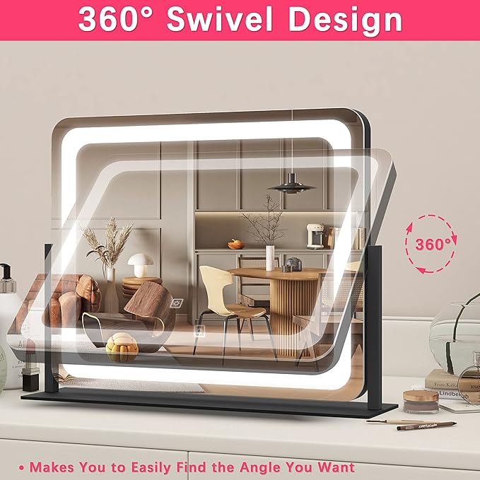 ROLOVE 22x17 Inch Lighted Vanity Mirror with Dimmable LED Lights - 3 Color Modes, Smart Touch Control & 360° Rotating Base - Desk Makeup Mirror (Black)