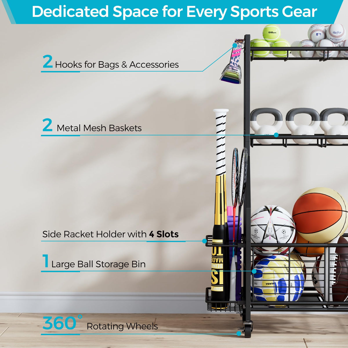 Cerlyunzan Sports Equipment & Toy Storage Rack with Wheels, 3-Tier Ball Organizer for Balls, Rackets & Sports Gear, Large Capacity with Racket Slots & Hooks, for Garage, Home Gym or Backyard – 23" W