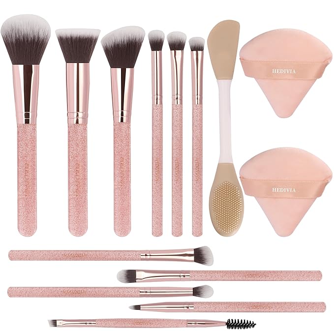Pink Makeup Brushes Set 14 Pcs Professional, Synthetic Foundation Concealer Powder Blush Eyeshadow Brushes with 2 Powder Puffs & Dual-ended Mask Applicator, Gifts for Women Teen Girls