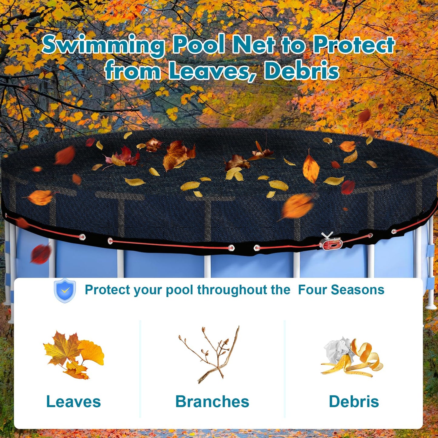 Leaf Cover for Above Ground Pool, Durable Black Mesh Swimming Pool Leaf Net Cover with Winch & Cable for Leaves and Debris for 18 Ft Round Pools (Black, 18 Ft)