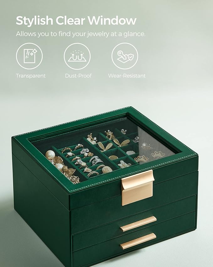 SONGMICS GISELLA Collection - Jewelry Box Organizer, 3-Layer Jewelry Storage with 2 Drawers, Shiny Metal Hardware, Glass Lid, Modern, 8 x 9.1 x 5.3 Inches, Forest Green and Gold Color UJBC239C01