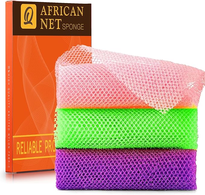UJFQBH 3 Pieces African Bath Sponge African Net Long Net Bath Sponge Exfoliating Shower Body Scrubber Back Scrubber Skin Smoother,Great for Daily Use (PurpleÃ¯Â¼Â PinkÃ¯Â¼ÂGreen)
