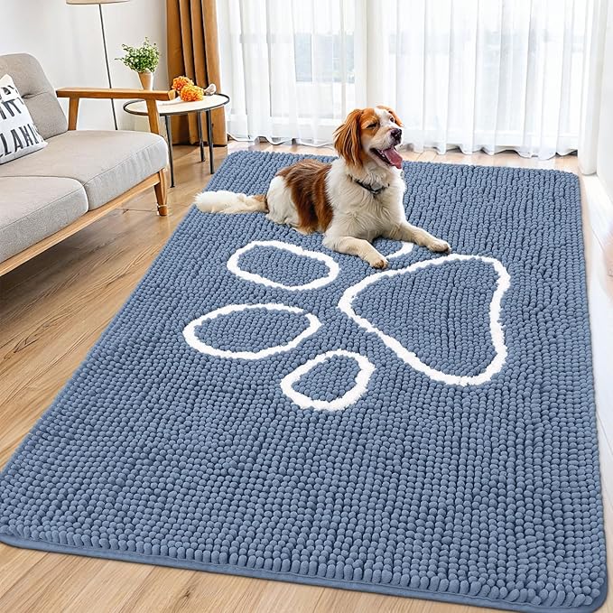 Smiry Dog Door Mat for Muddy Paws, Absorbent Dirt Trapper Non Slip Quick Dry Washable Chenille Mat for Mud Dogs, Entry Rug for Indoor and Outdoor (71x46 Inches, Airy Blue and White)