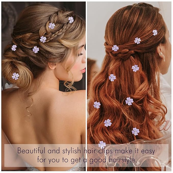 YISSION 20Pcs Mini Purple Flower Hair Clips with Rhinestone Cute Hair Pins Decorative Hair Clips Wedding Hair Barrettes Bridal Hair Accessories for Girls Women